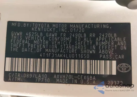 2020 Toyota Camry Xle Hybrid z USA, uszkodzony, nr VIN 4T1F31AK4LU011650